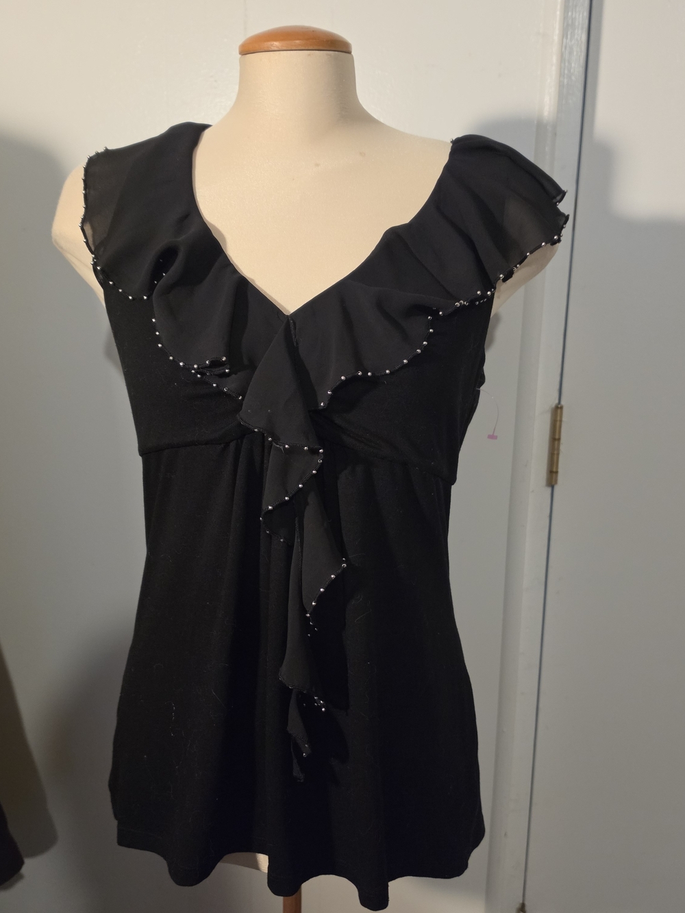White House Black Market Black Textured Sleeveless Top with Bead-Trim Neckline